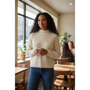 J Crew Sweater Womens Small Off White Mock Neck Pullover Chunky Cotton Knit